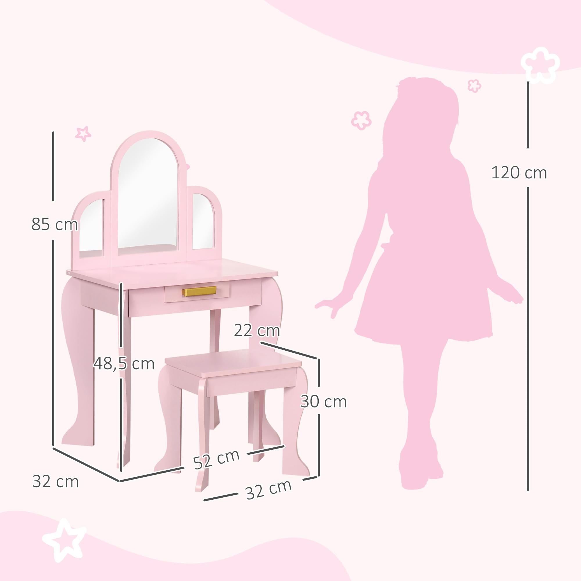 HOMCOM Coiffeuse Enfant Table de Maquillage avec Tabouret 3 miroirs et tiroir Meuble de Maquillage en Bois pour Petites Filles 3 à 6 Ans - 52 x 32 x 85 cm - Rose