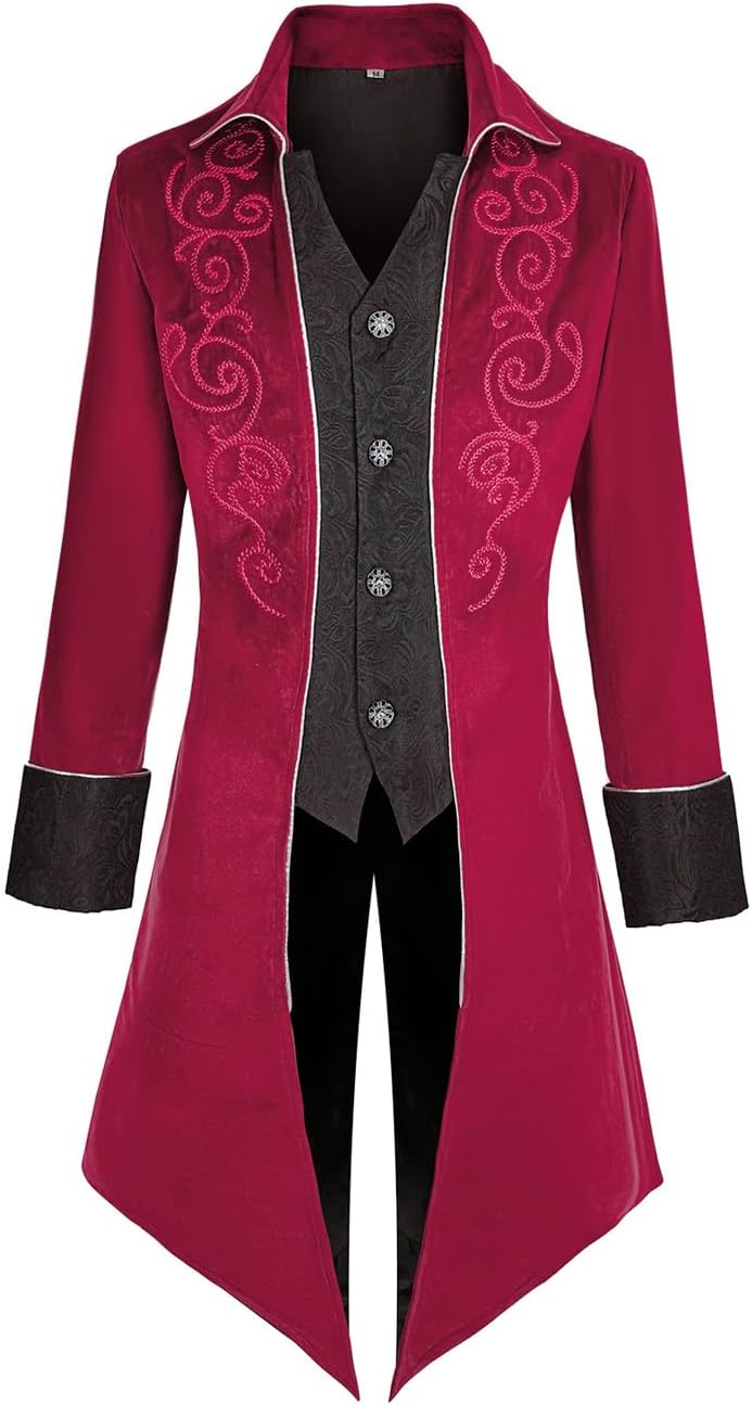 MOFOVELY Mens Medieval Steampunk Tailcoat Jacket Victorian Pirate Coat Renaissance Tailcoat Jacket Costume