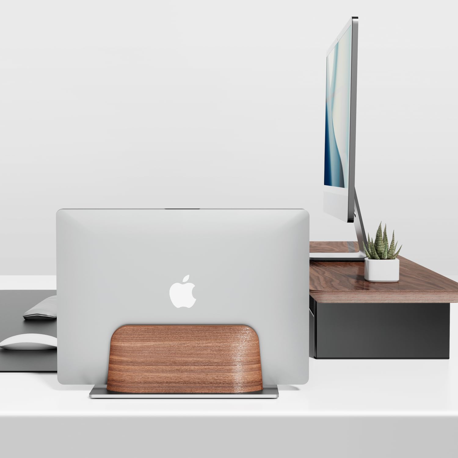 Soporte Vertical para portátil, Soporte Ordenador Portatil de Madera de Nogal Negro y Aluminio para MacBook, Surface, Samsung, HP, DELL, ‌Chromebook
