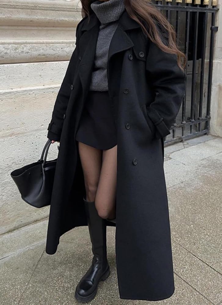 chouyatou Women's Winter Double Breasted Wool Coat Long Sleeve Notch Lapel Midi Long Winter Trench Coat with Belt - Image 3