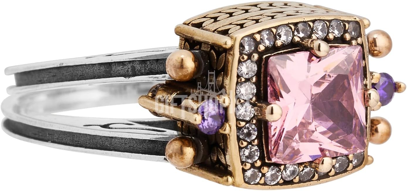 Elegant Reversible 925 Sterling Silver Ring for Women Jewelry - Handcrafted in Turkey, Featuring Square Cut Amethyst & Pink Topaz 925 Sterling Silver Ladie's Ring All Size