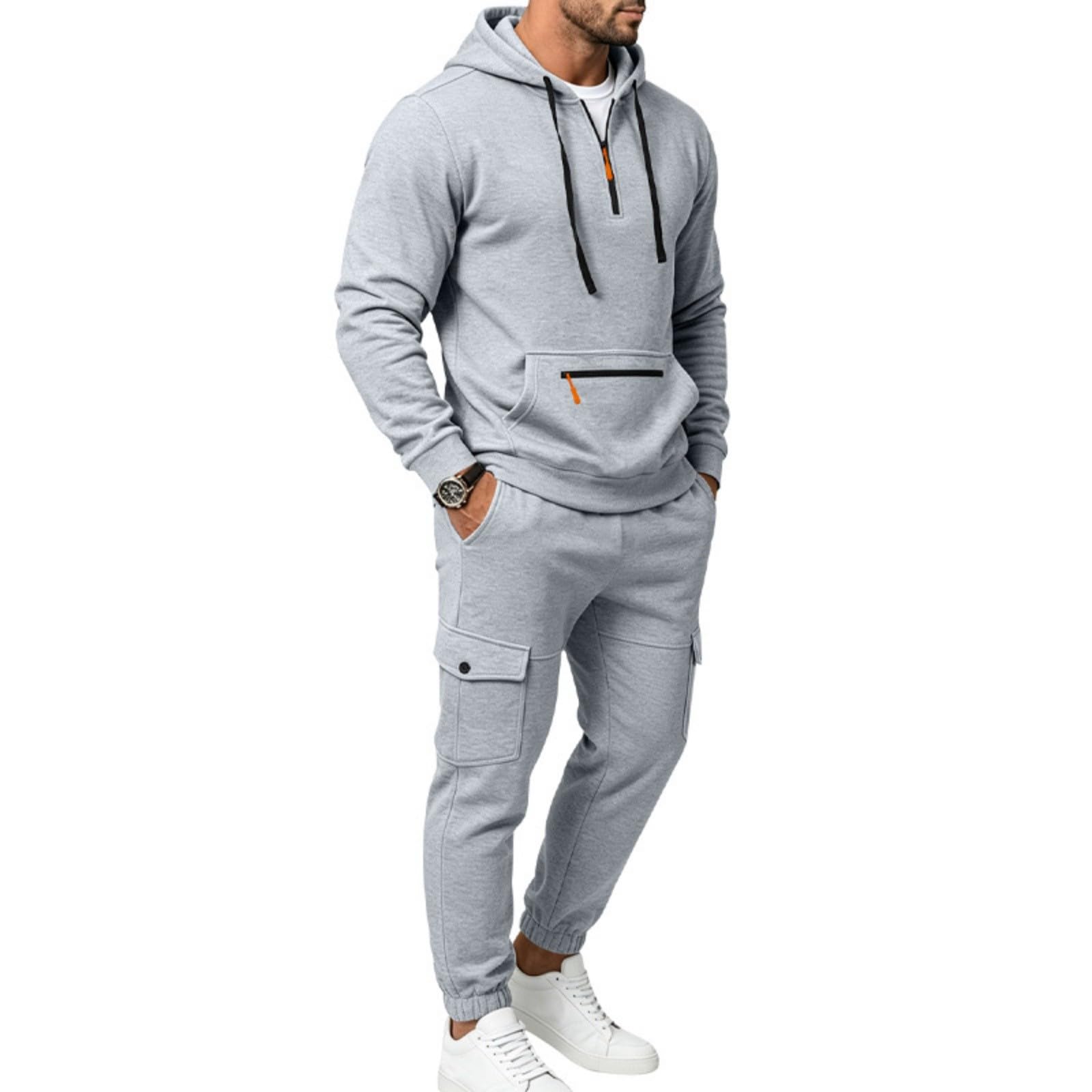 Tuta da uomo con cappuccio e pantaloni della tuta cargo con mezza zip