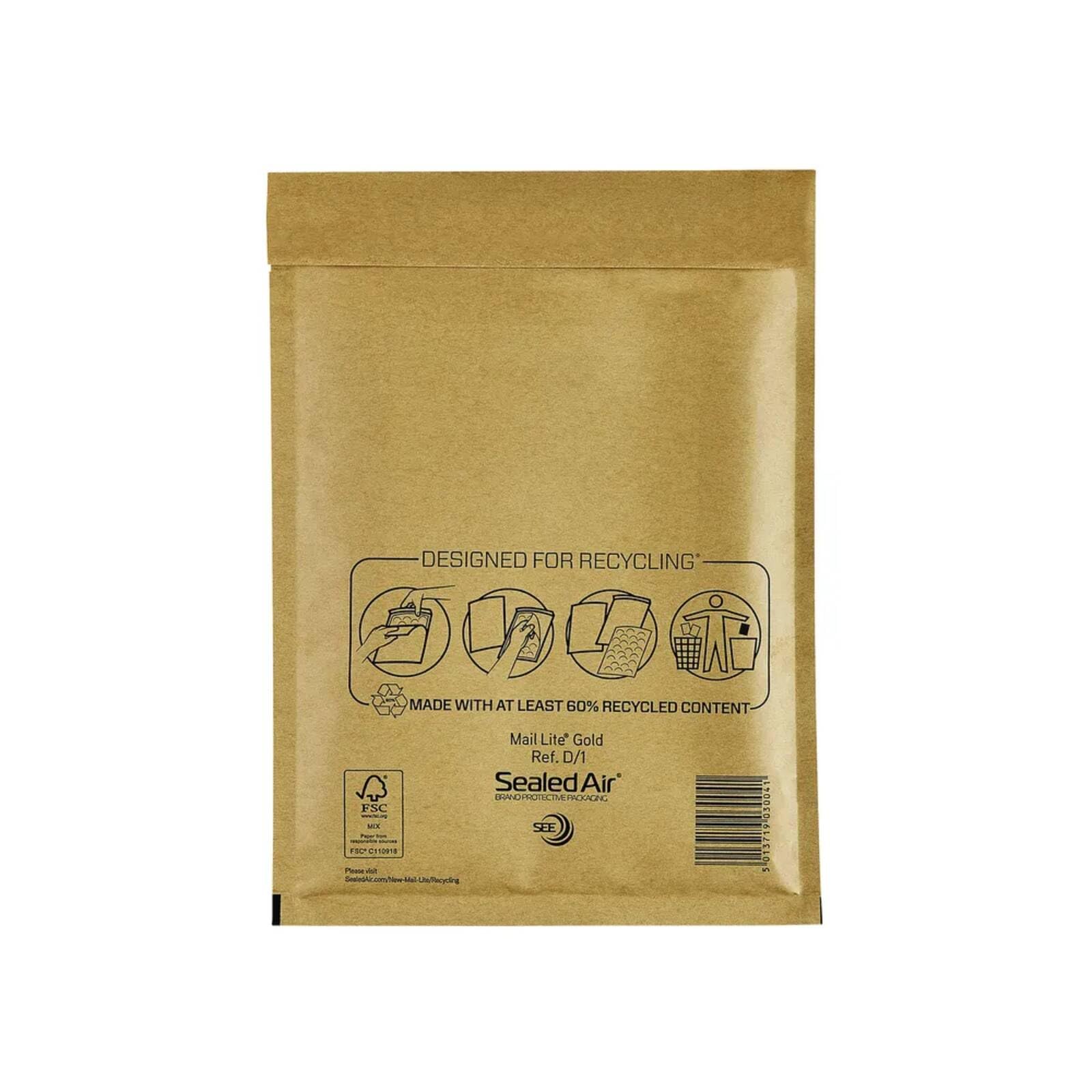 Mail Lite - D/1 - Bubble Lined Padded Envelopes 180 x 260mm - 7" x 10.5" (1 Box of 100) - Gold