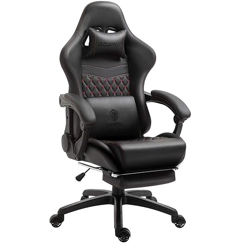 Dowinx Chaise Gaming Réglable Fauteuil de Bureau Game PC avec Repose Pieds, Chaise Gamer avec Support Lombaire de Massage, PU Ergonomique Siege Gamer avec appui tête, Fauteuil de Style Course (Noir) - Noir - Accoudoir d'attelage