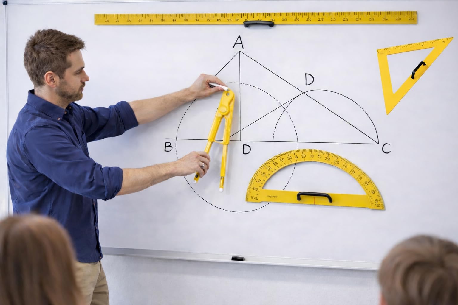 FAIBO Juego de Material Magnético para Pizarra – Regla 100 cm, Semicírculo, Escuadra, Cartabón y Compás – Accesorios Magnéticos de Plástico Amarillo con Empuñadura – 100% Reciclable