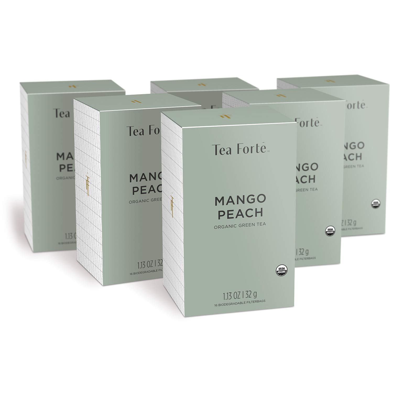 Tea Forte Mango Peach Green Tea Bags, Organic Tea in Filterbags, 6 Boxes, 96 Tea