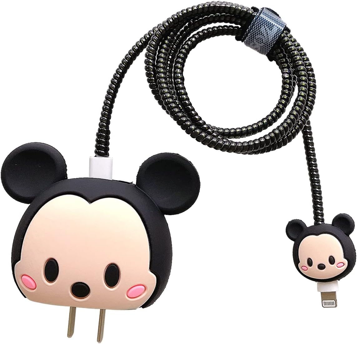 3D Cute Cartoon Charger Protector Case - Compatible for Apple 20W USB-C Power Adapter and Lightning Cable (Black MouseA)