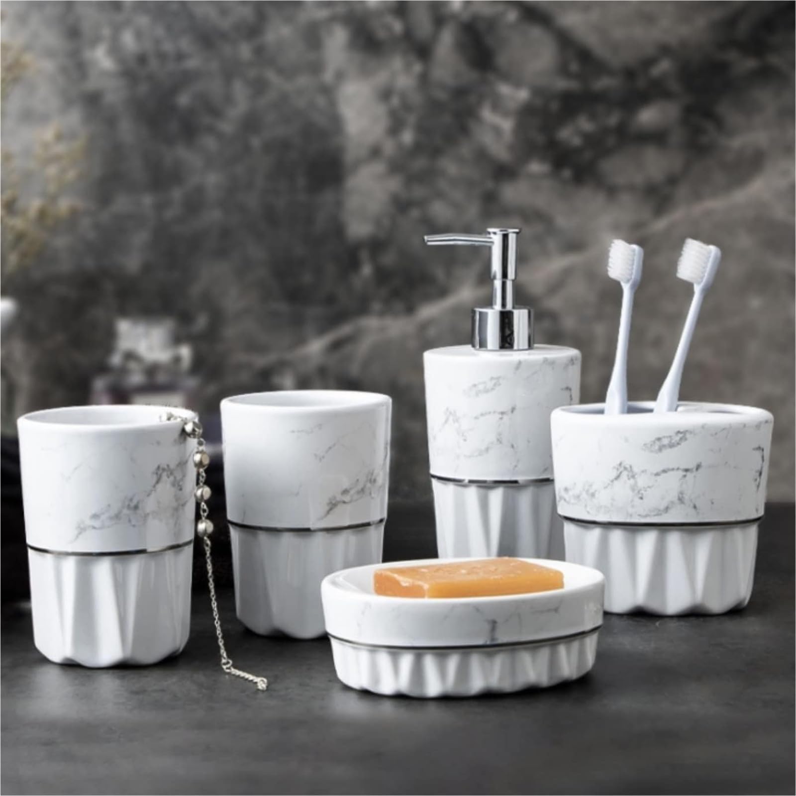 Dozownik do balsamu, zestawy akcesoriów łazienkowych, dozownik, zestaw 5-częściowy, ceramiczne marmurkowe, hotel, prosty styl, artykuły gospodarstwa domowego, mieszkanie
