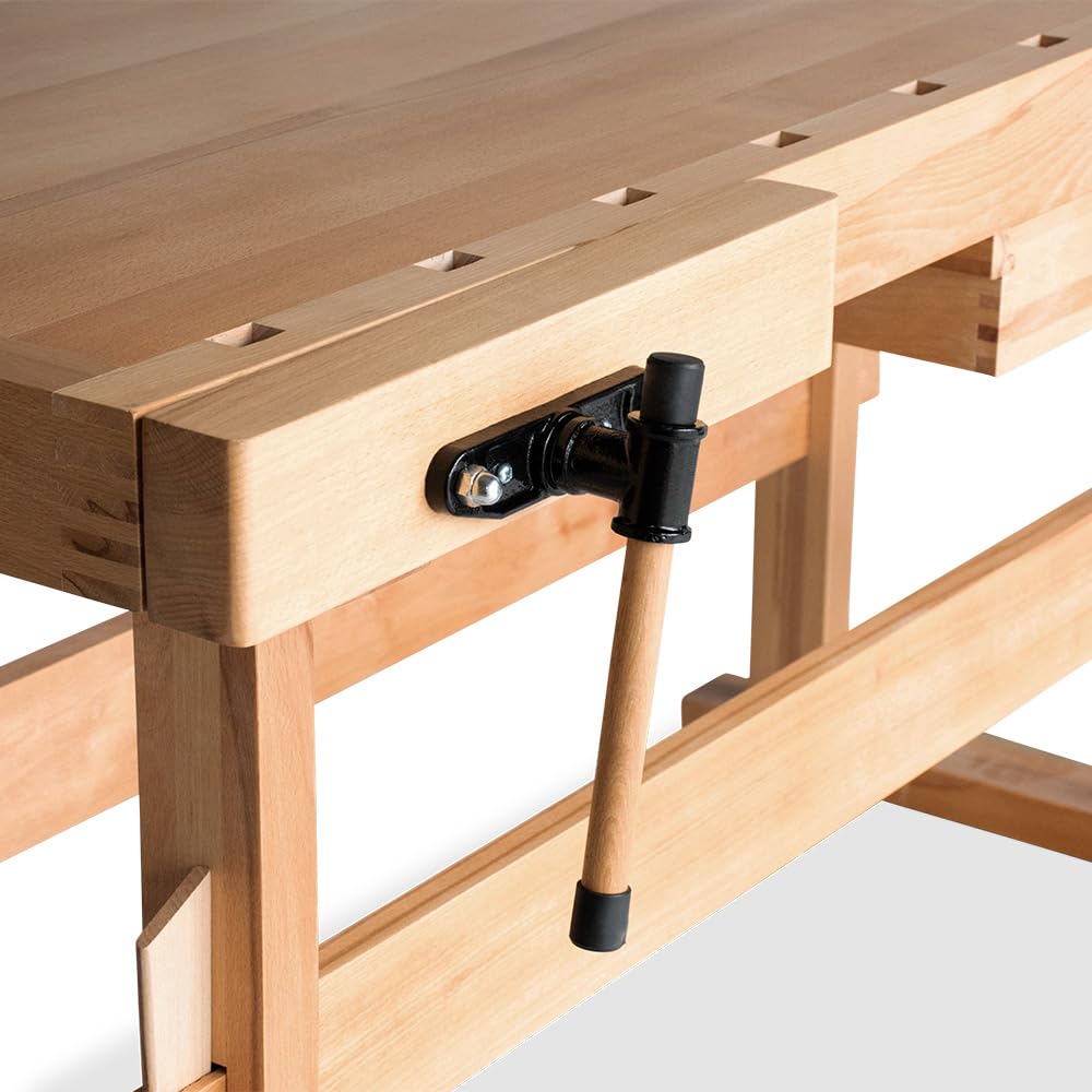 BAMATO Hobelbank WORK-2100 Buchenholz Werkbank Massivholz Werkstatt Tisch | Robuste Massivholz-Werkbank aus Buche mit 82,5cm Arbeitshöhe | 2 stabile Spannzangen & geräumige Schublade für Werkzeuge