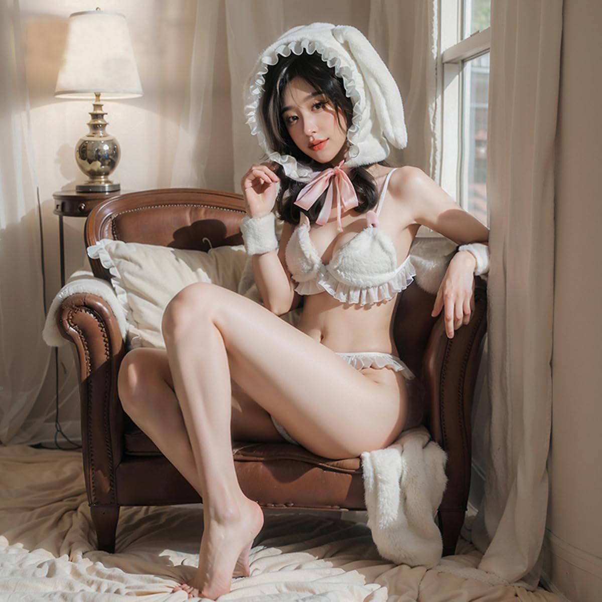 Kawaii bikini, futrzany króliczek, seksowny kostium anime, Cosplay, zestaw mini bikini, Halloween, biały kapelusz królika, biały, jeden rozmiar