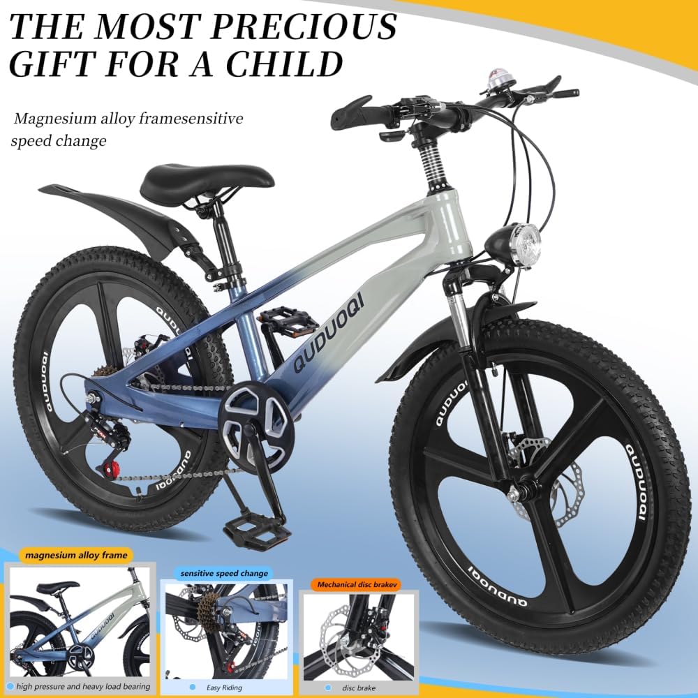 20 Inch Lightweight Kids Mountain Bike - 7-Speed Youth Bicycle with Durable Magnesium Alloy Frame & One-Piece Wheels, Ideal for Boys Girls Ages 7-12