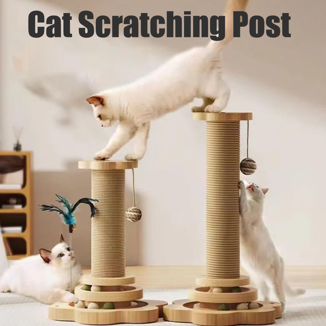 Rascador para Gatos de Sisal Natural, Juguete Interactivo 4 en 1 para Gatitos con Circuito de Bolas y Varita de Plumas, Árbol Rascador de Madera Estable para Pisos y Espacios (46CM,MDF Version)