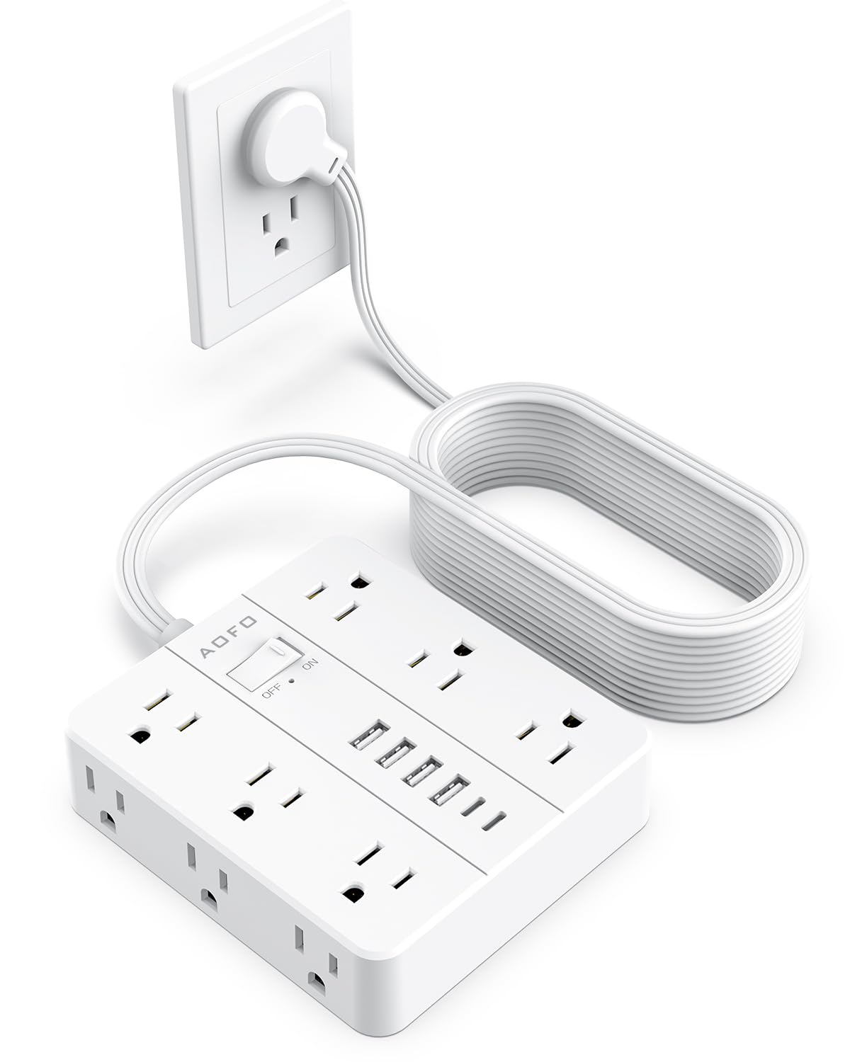 20FT Power Strip, AOFO Flat Plug Extension Cord with Multiple Outlets,White