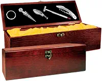 Kit Porta Vinho Luxo 5 Acessórios Inox e Caixa De Madeira
