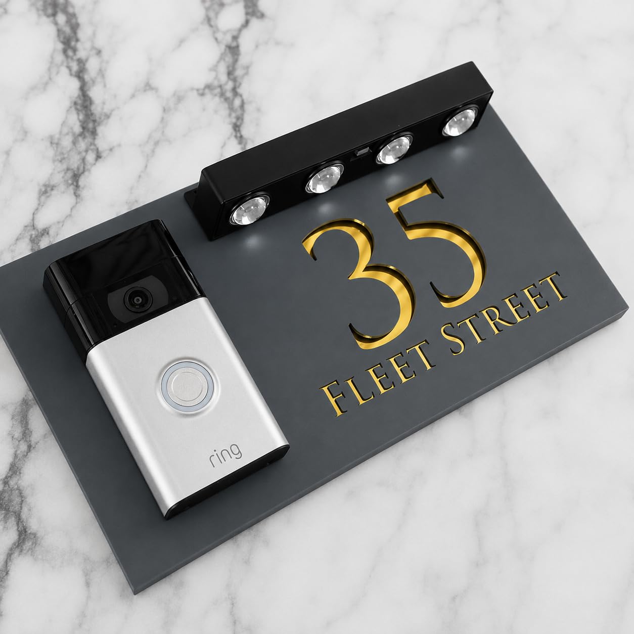 K Smart Sign | Bellissima LED DOORBELL F32 | Personalised House Doorbell Solar LED Signs 3d Door Numbers Street Address Number Plaques | 300mm x 160mm (Grey & Gold Mirror)