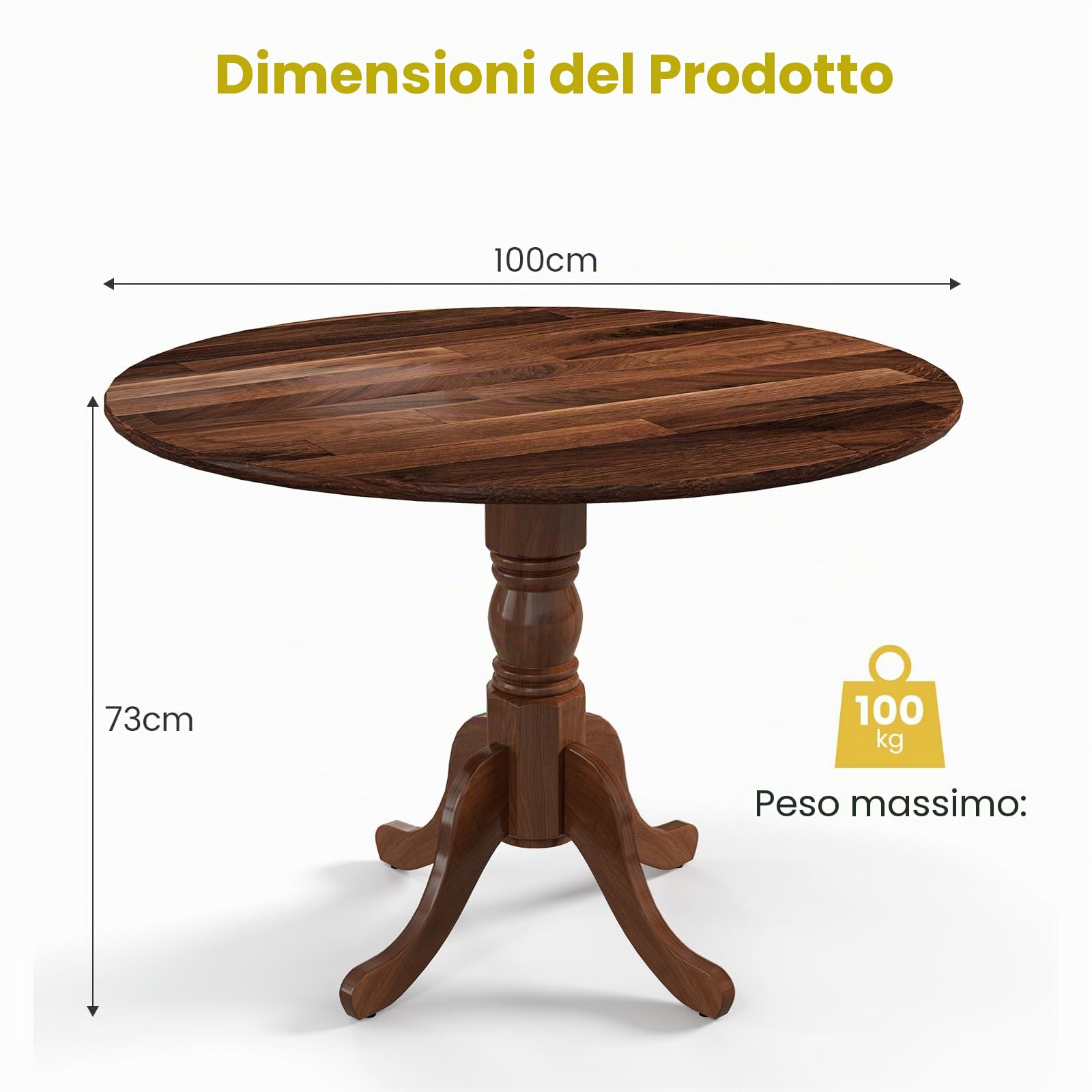 GIANTEX Tavolo da Pranzo Rotondo Moderno, Tavolo da Pranzo in Legno di Gomma, Tavolo Cucina Adatto per 4 Persone, per Cucina e Sala da Pranzo，100 x 100 x 73 cm (Noce)