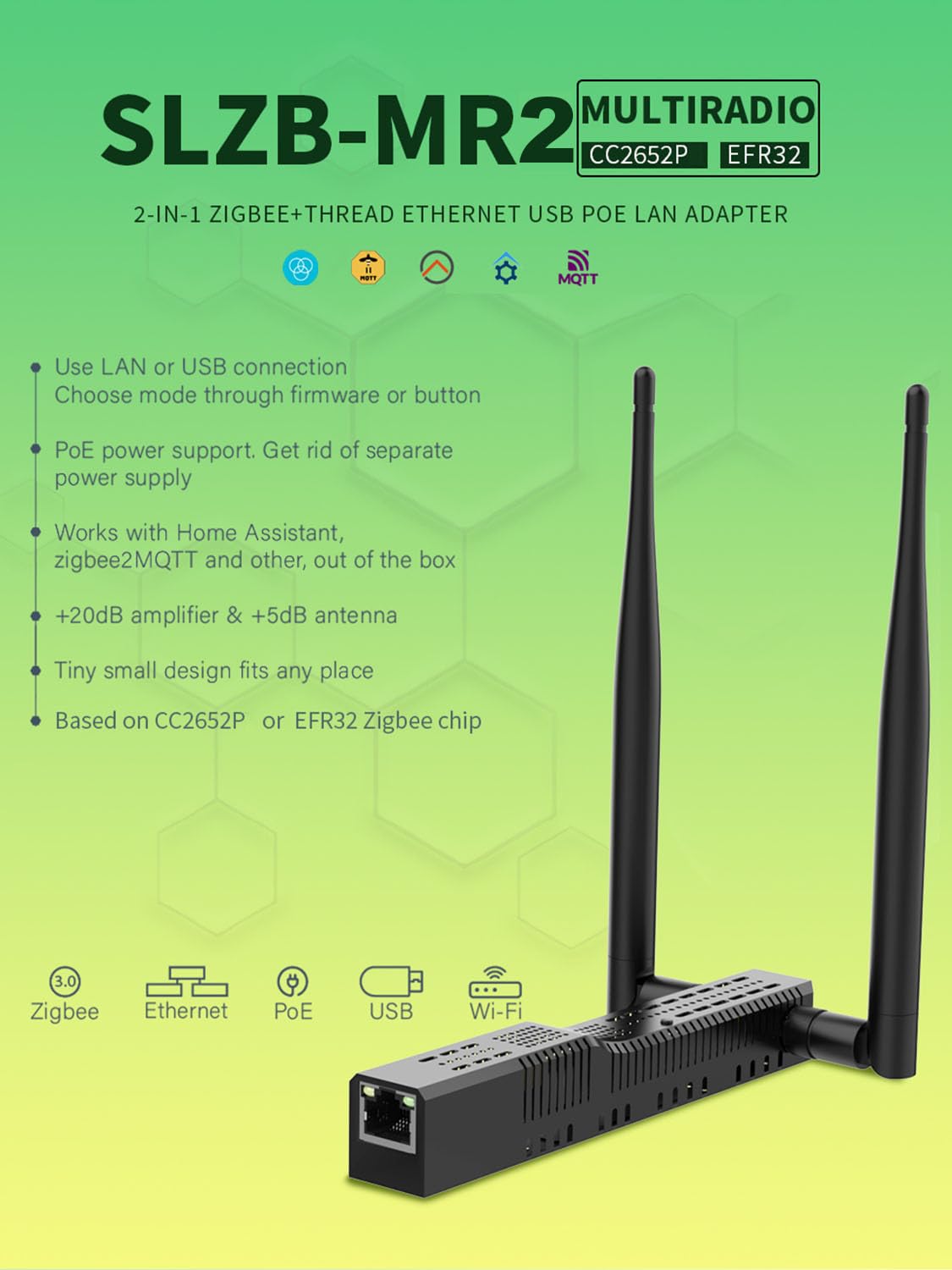 SLZB-MR2U Zigbee 3.0 vers Ethernet, USB et WiFi Coordinateur de passerelle avec PoE, passerelle Universelle pour Assistant domestique/Zigbee2MQTT/ZHA, Adaptateur USB sans Fil Zigbee 3.0