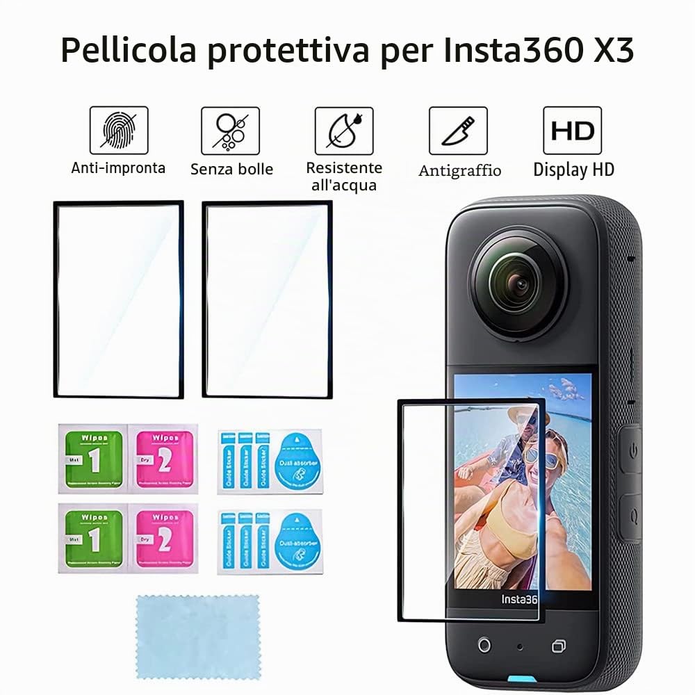 Kit di Accessori 7in1 Compatibile con Insta360 X3 [Custodia in Silicone per Fotocamera e Copriobiettivo] [2 Pellicole Protettive] [Custodia per il Trasporto Esterna con Moschettone]