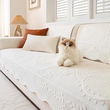Leaf Floral Cotton Quilted Dog Couch Cover for Sofa Farmhouse Rustic Embroidered Sectional Couch Cover Soft Anti-Slip Sofa Slipcover Furniture Protector for Kids, Pets White,28"x28"