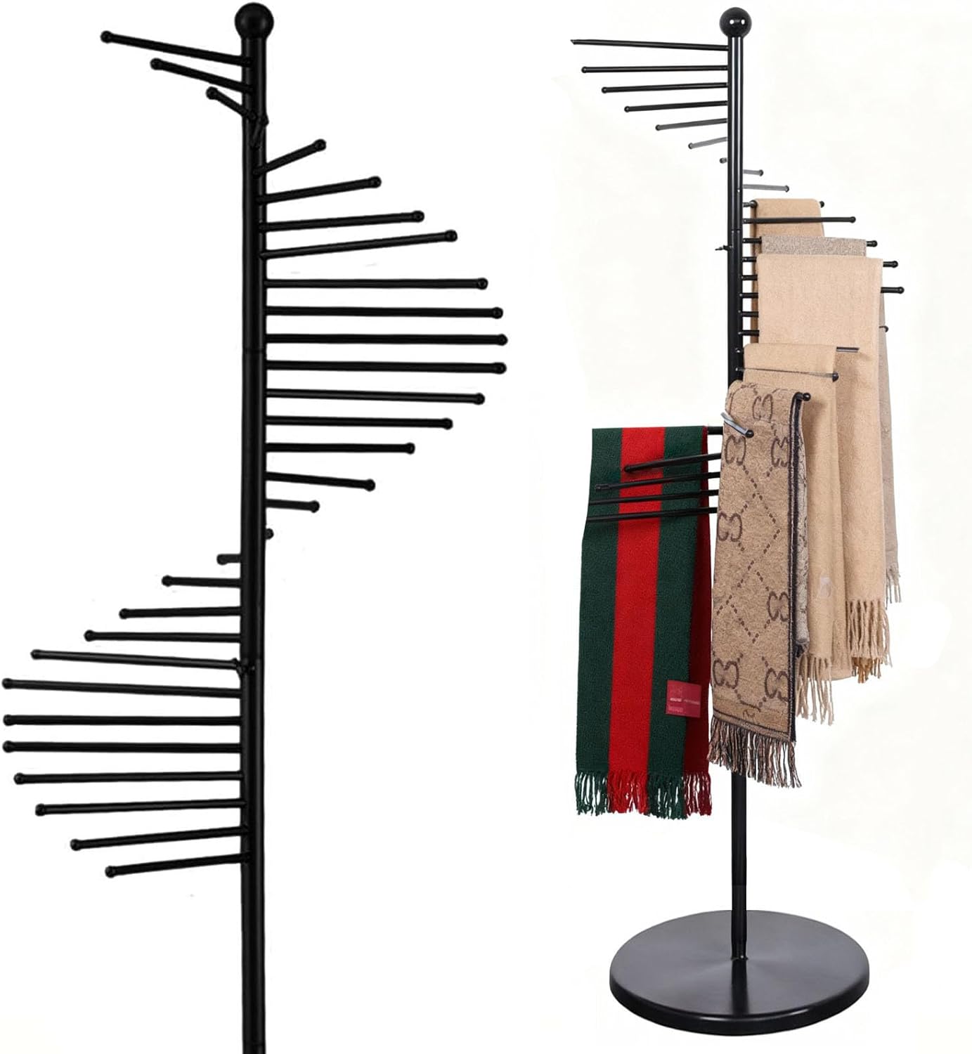 Scarf Hanger Organizer Stand Metal Scarf Display for Multiple Scarves Spiral Hijab Hanger Black Tie Rack with 30 Bars Heavy Duty Pant Hanger Space Saving Commercial Holder for Tie, Belt, Chothes