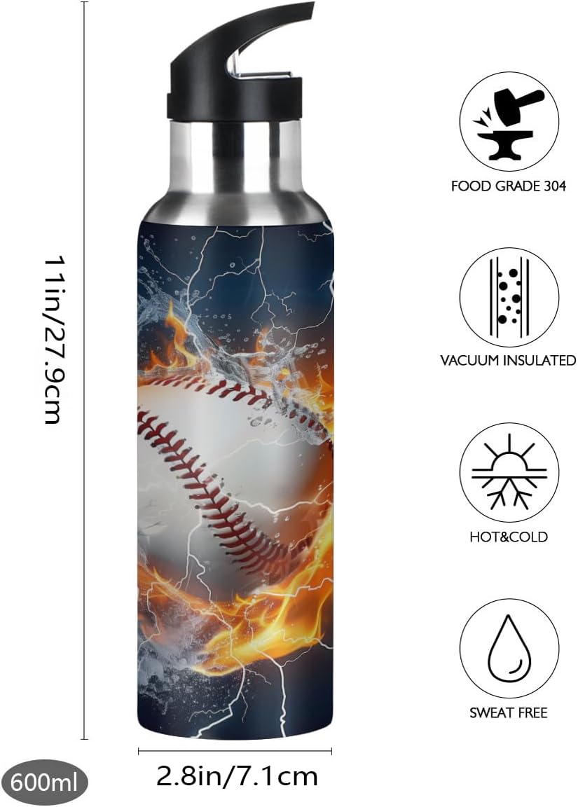 Baseball Vacuum Insulated Water Bottle Stainless Steel Kids Sport Mug with Straw Lid Wide Mouth Leakproof BPA Free for Bike Running Walking Outdoor 20 Oz - Image 4