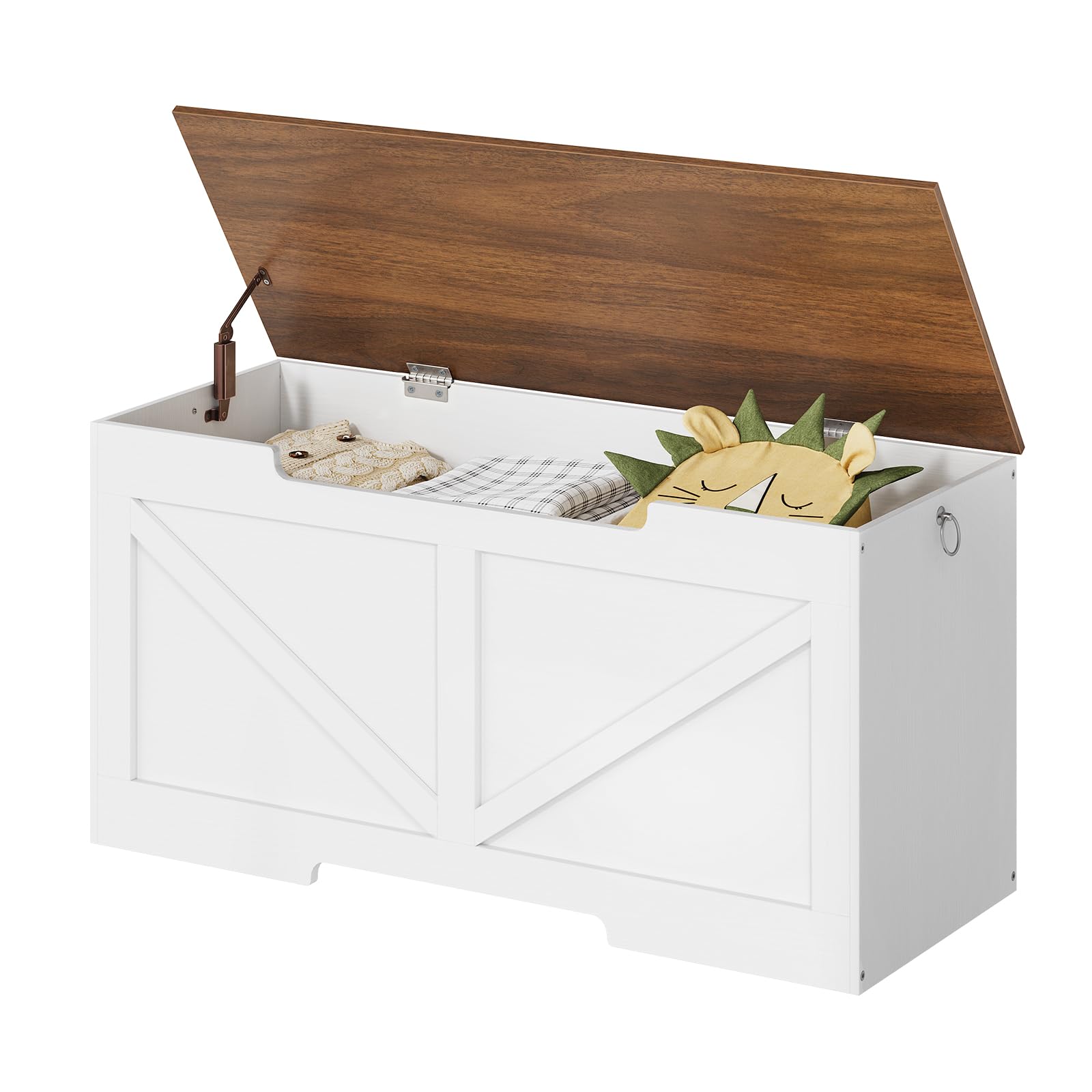 HOOBRO Baúles con Espacio de Almacenamiento, Caja de Juguetes con Tapa, Banco de baúl, Caja de Almacenamiento, 2 Anillas, 100 cm, Resistente, Estable, para niños, Pasillo, Blanco y Nogal EWH771CW01G1