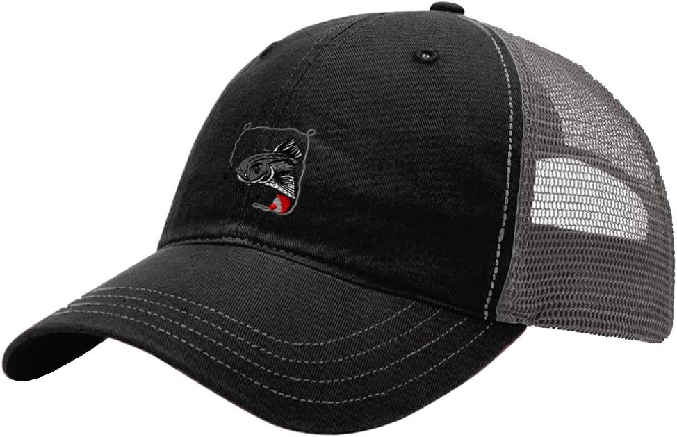 Sport Fishing Catfish Embroidery Unisex Adult Snaps Cotton Richardson Front and Mesh Back Cap Hat - Black/Charcoal