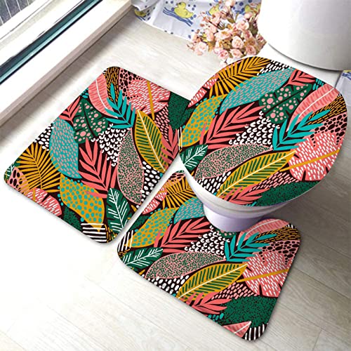 Badezimmerteppich-Set, 3-teilig, leuchtendes tropisches Blatt, waschbare Badeteppiche, rutschfest, mit Rückenpolster, Konturteppich und Toilettendeckelbezug