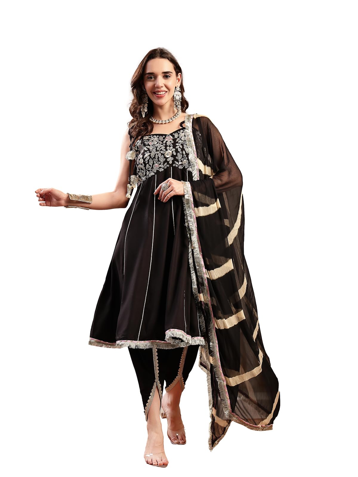 stylum Women's Black Solid & Embroidered Cotton A-Line Kurta Dhoti Pant Dupatta Set-picture-14
