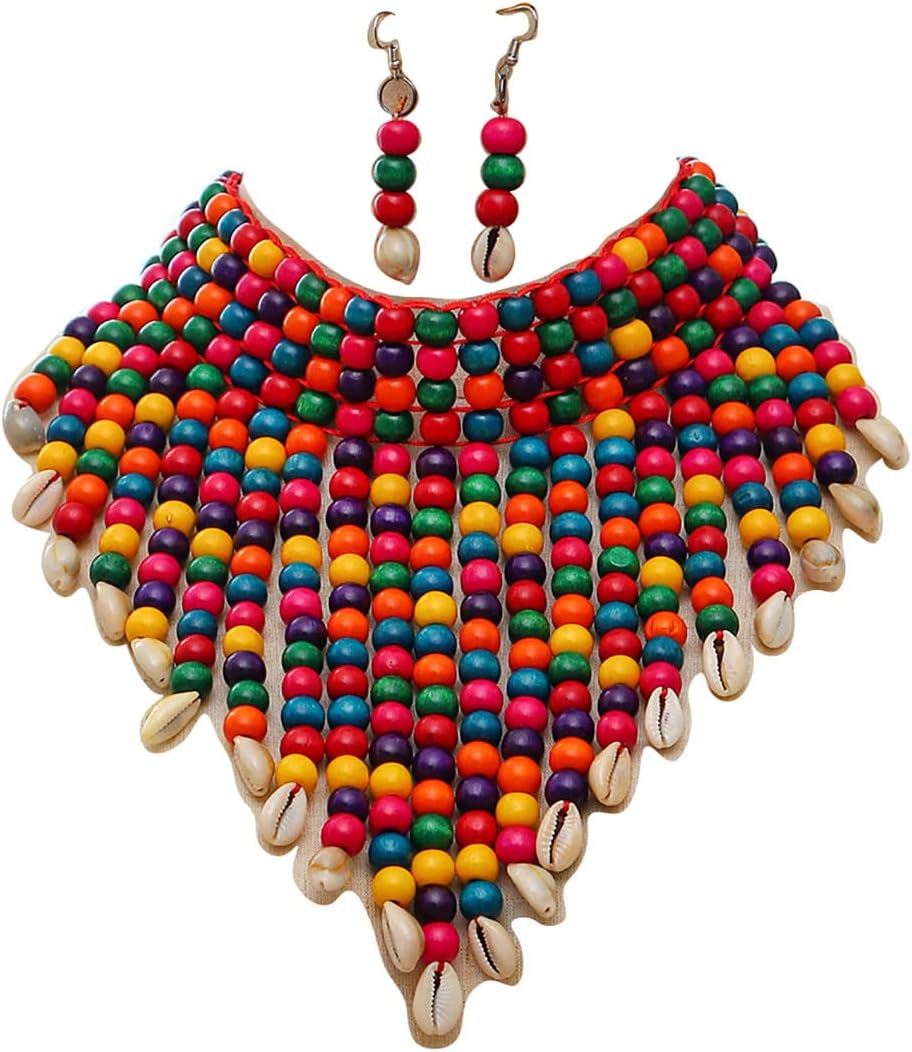 Wooden Beaded Seed Bib Necklace and Earrings Set for Women,Statement African Boho Layering Chunky Collar Choker Set