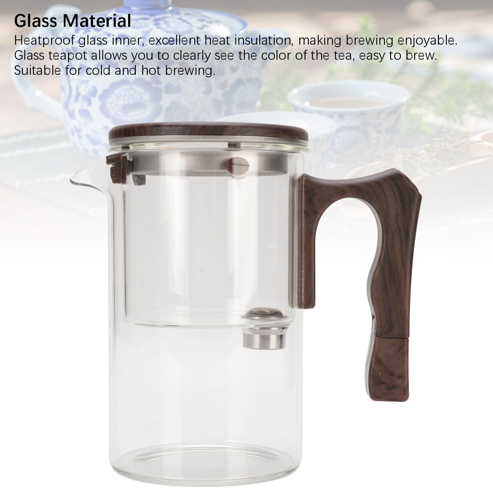 Teekanne aus Glas für losen Tee mit Sieb (Transparent 750ml) | Teebehälter, Holzgriff, Tee-Wasser-Trennung, Loseblatt-Teebereiter, hitzebeständig, für das Heimbüro