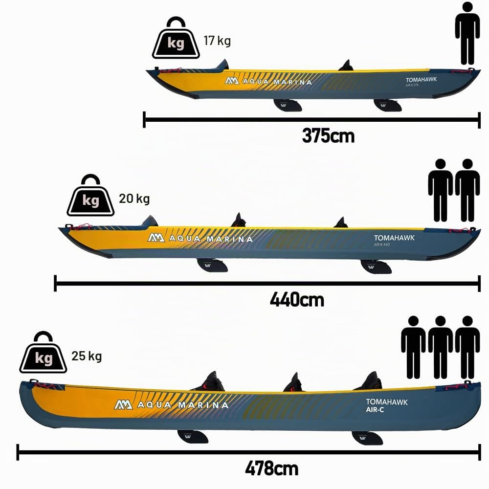 Aqua Marina Tomahawk AIR-C Canoë Gonflable Haute Pression pour 2 à 3 Personnes, Longueur 478 cm, Bleu Marine/Jaune