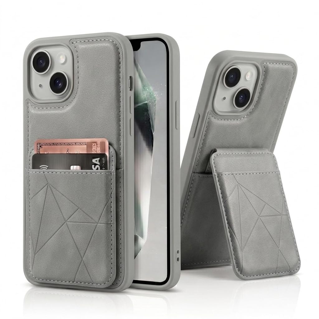 amazon basics Premium Vegan Leather Back Cover with Card Holder and Integrated Mobile Stand for iPhone 15 – Slim Shockproof Wallet Case with Geometric Stitching [Gray]