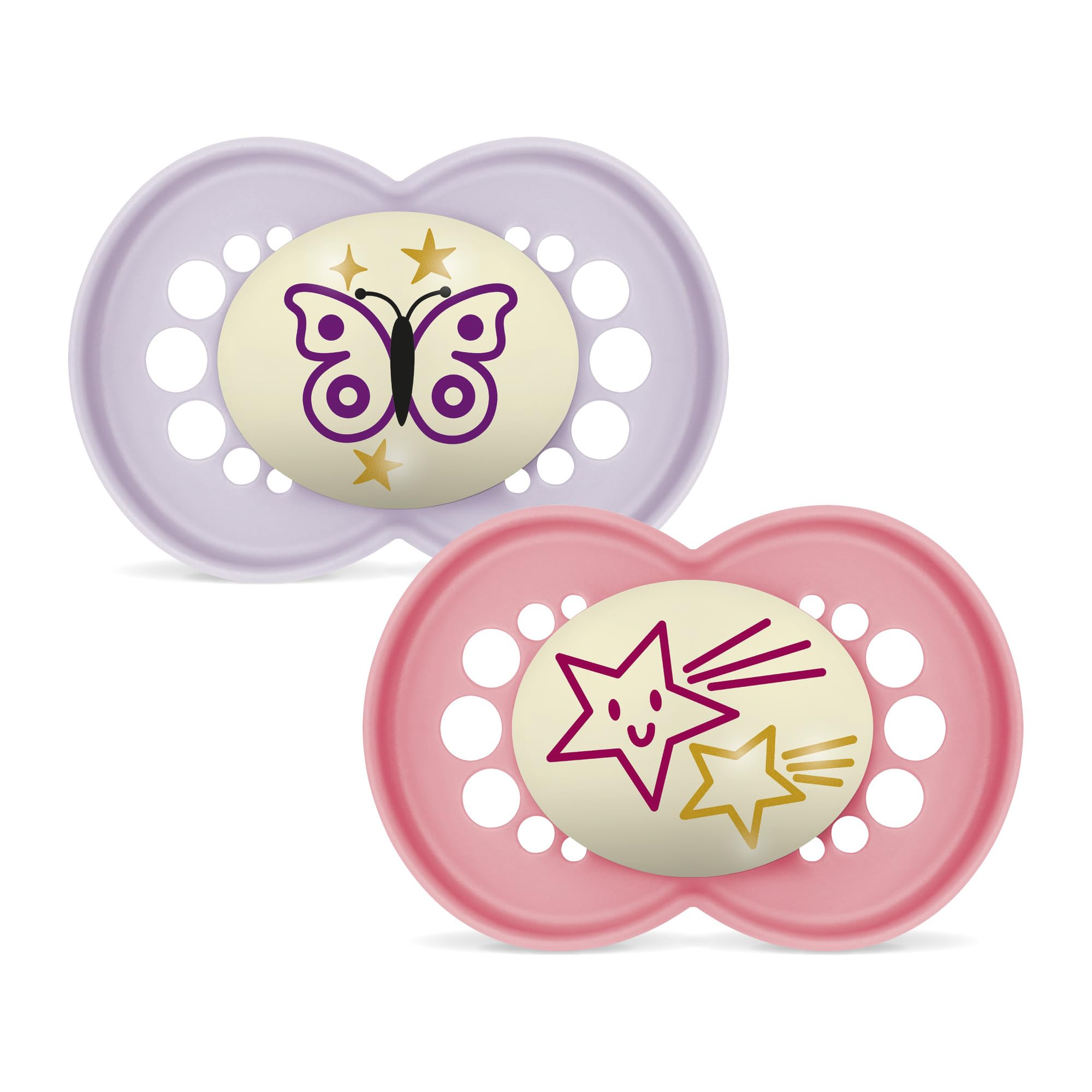 MAM Chupete Original para Bebés +6 Meses, Rosa Mate, Noche, 2 uds | Brilla en la Oscuridad con Tetina Simétrica, Plana y Flexible de Skin Soft Silicone, de Fácil Aceptación