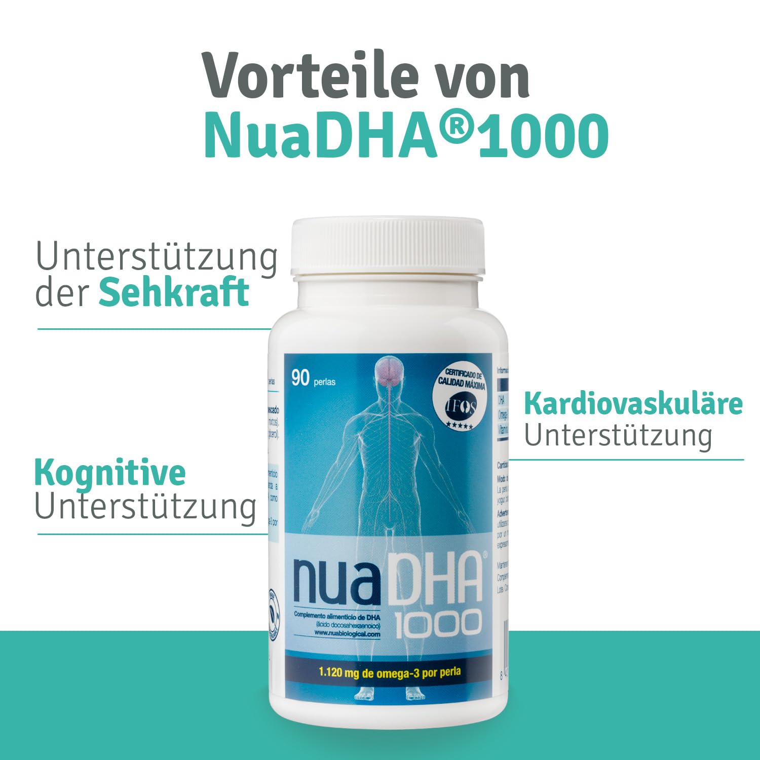Nua Biological - NuaDHA 1000 in Kapseln, Nahrungsergänzungsmittel auf Basis von DHA (Docosahexaensäure) - Omega-3 aus Blauem Meeresfisch - 90 Kapseln in Triglycerid-Form (1000 mg DHA/Kapsel)
