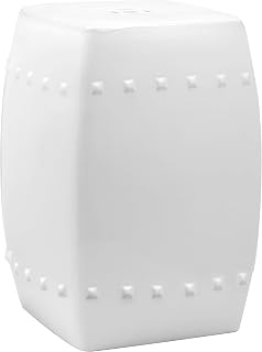 Safavieh Villa White Glazed Ceramic Garden Stool - Versatile Indoor Outdoor Side Table with Nailhead Detail