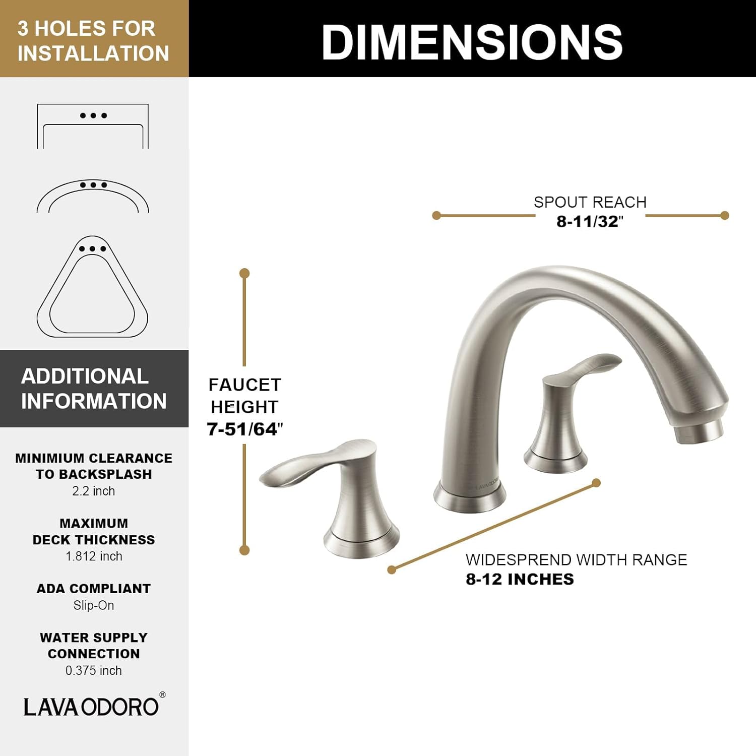 8 inch Widespread Roman Tub Faucet, Lava Odoro Brushed Nickel Tub Faucet with Valve, Solid Brass High Flow 3 Hole Tub Filler, 2 Handle Faucets for Soaking Tub TF405-BN