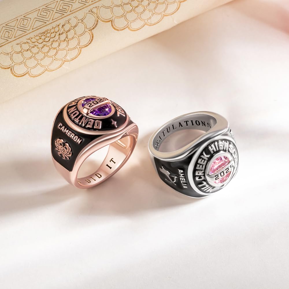 Personalisierter Klassenring mit individuellem Logo-Symbol für Damen und Herren, mit individuellem Text, Geburtsstein und Siegel – Universitäts-Abschlussring, High School, College, Meisterschaftsring