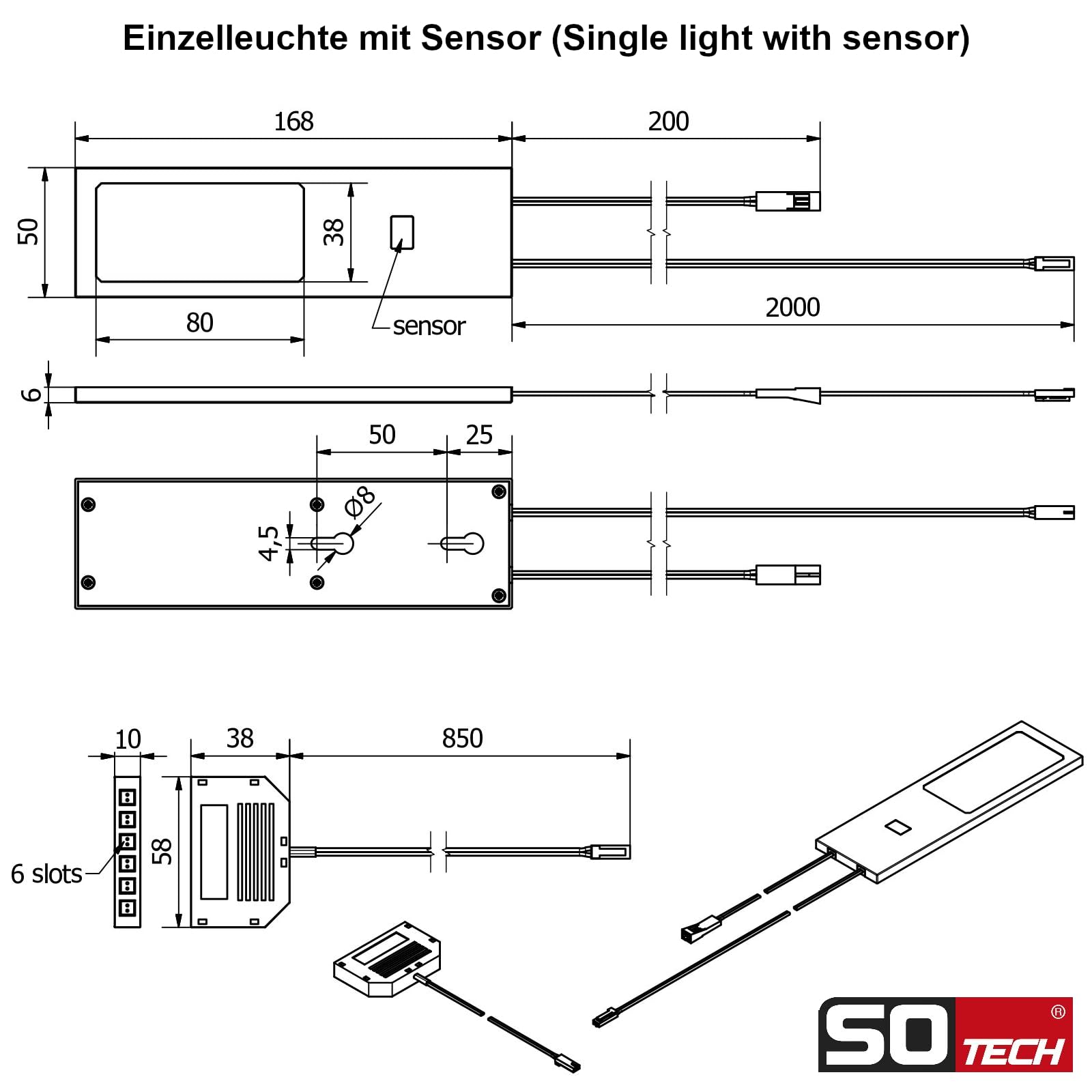 SOTECH 4er Set LED-Möbelleuchte GIULIA II mit/ohne Sensor schwarz, 2700K warmweiß inkl. Trafo & Verteiler Unterbauleuchte Schrankleuchte Vitrinenbeleuchtung