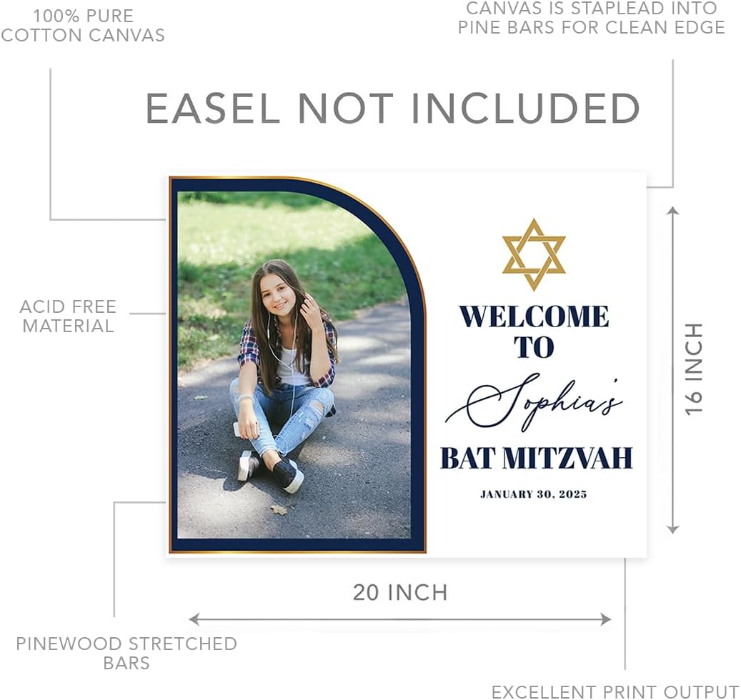 Andaz Press Large Personalized Bar/Bat Mitzvah Welcome Sign, 16" x 20" Pre-Mounted Canvas, Abstract Arch Custom Photo Sign for Boys or Girls, Jewish Birthday Party Decorations, 1-Pack