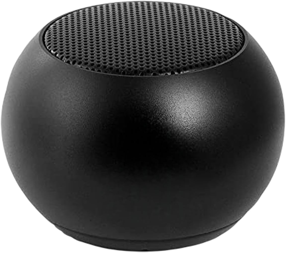 Close-up view of the Lenovo Mini U Speaker, a small spherical black speaker with a mesh top.