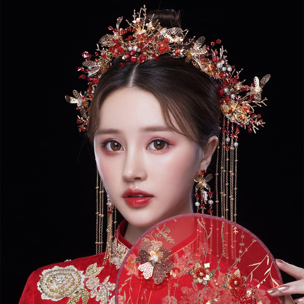 Traditional Chinese Wedding Tiara Headband with Earrings Gold Floral Beaded Chinese Hairpin: Traditional Wedding Headdress With Long Red  main image 2