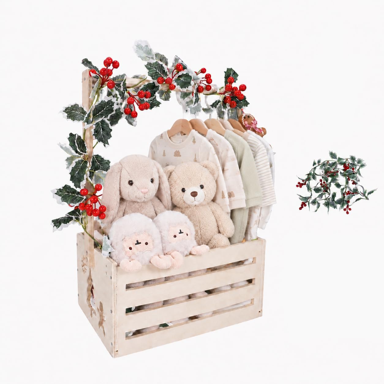 Wooden Baby Shower Crate Closet, Baby Basket With Artificial Garland Wreath & Accessories - Baby Shower Basket for Newborn Boys Girls, Pregnancy Gifts for New Parents