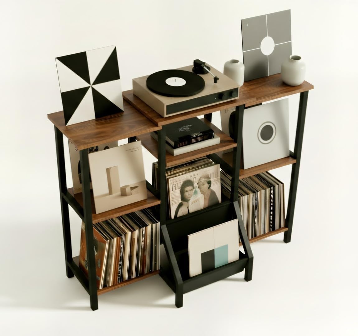 Record Player Stand With Vinyl Storage - Tall 36" Turntable Cabinet With Storage - Mid Century Modern Record Player Table - Vinyl Record Storage Shelf For 300+ Albums