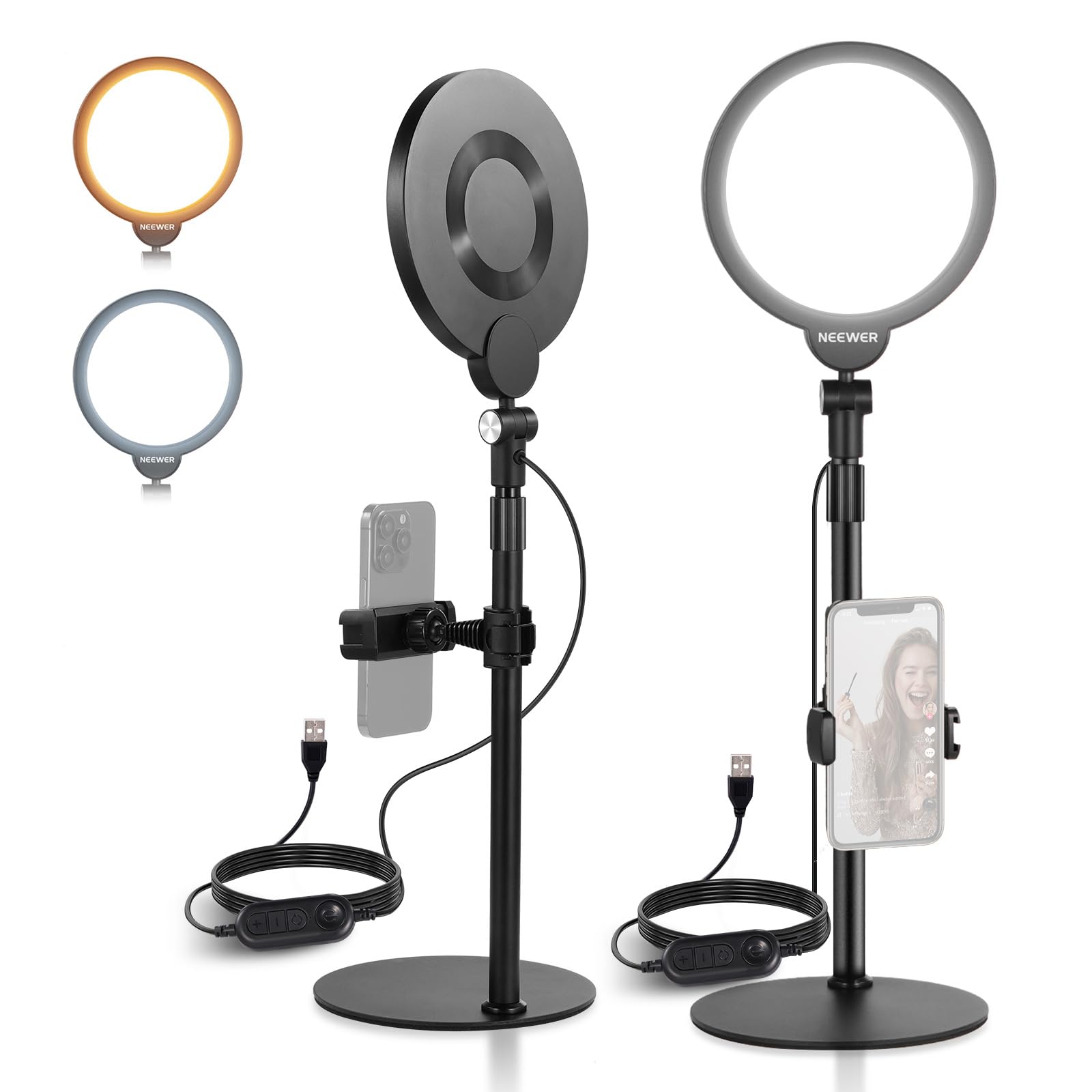 NEEWER Basics 2er Pack 7" Tischringleuchten für Videoaufnahmen, 10W dimmbare Vollbild Schlüsselbeleuchtung mit Tischständern und Handyhaltern für iPhone, Computer, Laptop, Vlogging, Streaming, R06