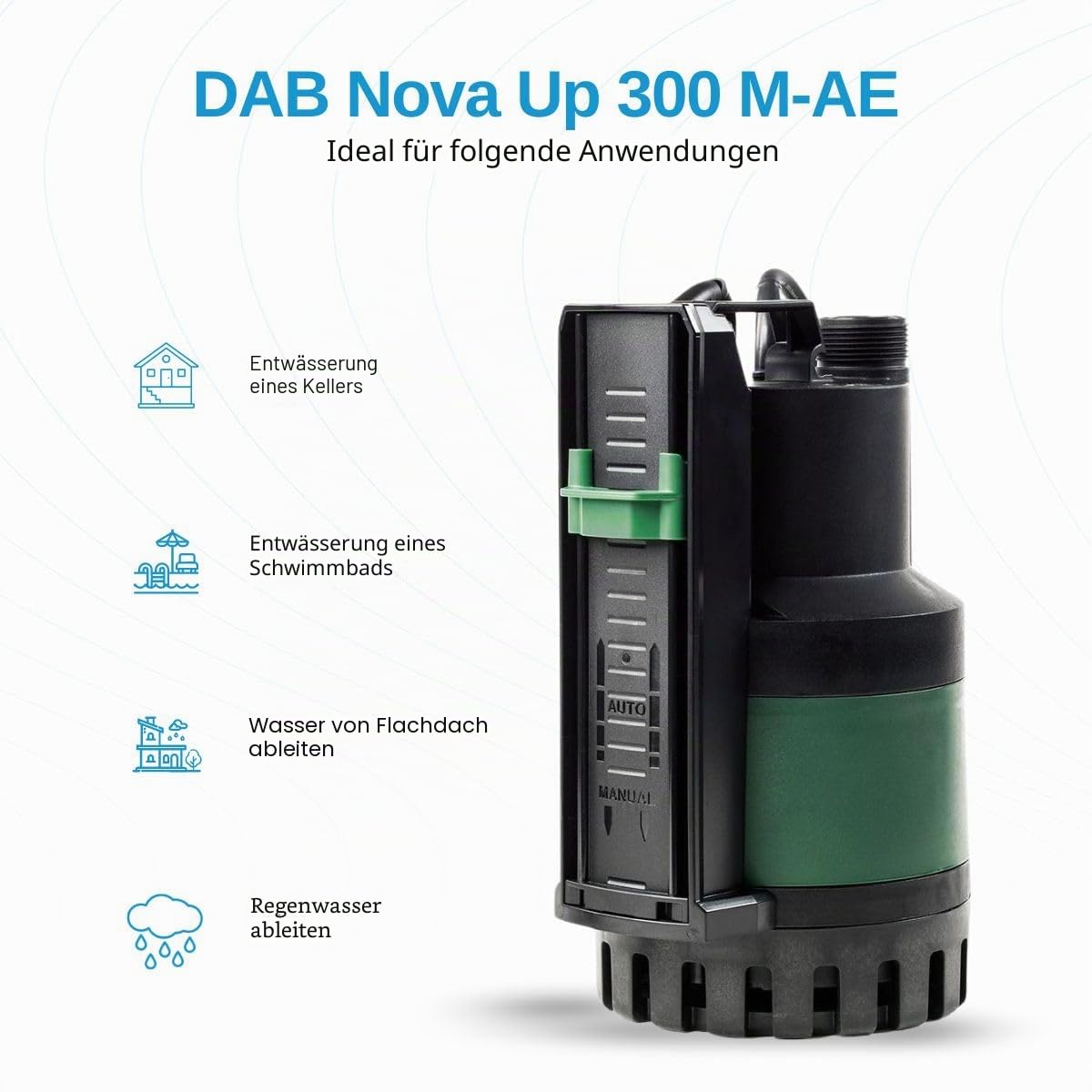 DAB Nova Up 300 M-AE Flachsauger-Tauchpumpe - 10.000 L/Std. - 380W - Förderhöhe 7,5 m - Korngröße 10 mm - Mit Sensor - Tauchpumpe