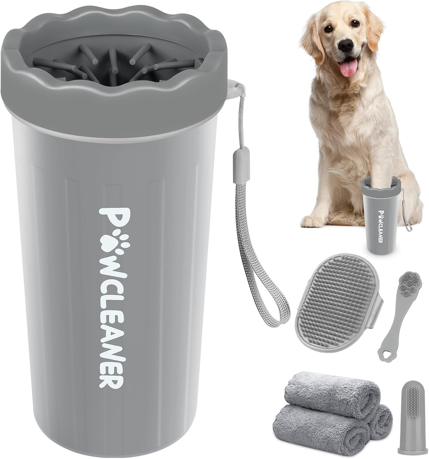 Professional 7 in 1 Dog Paw Cleaner for Dogs & Cats - Includes 1 Portable Paw Washer, 1 Bath Brush, 2 Dog Toothbrushes and 3 Absorbent Towels Note: Fits Paws 2.5 to 3.5 Inches Wide (Large, Grey) Large Grey