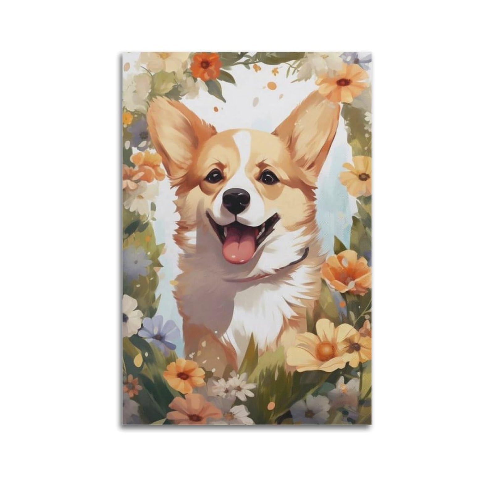 Lvalogy Animal Corgi Dog Flower Cute Puppy Art Poster