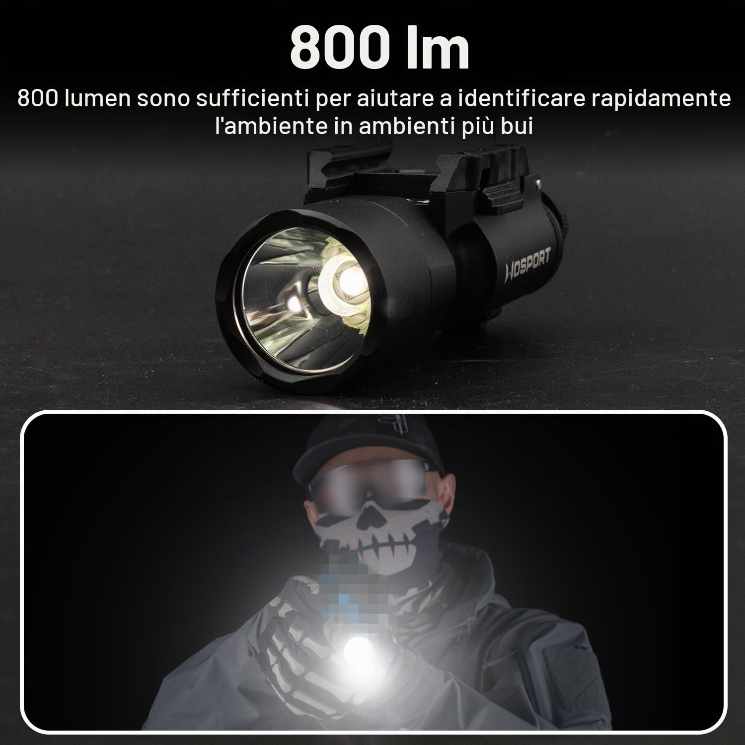 Zhongren X300 - Torcia tattica per softair, 800 lumen, 2 modalità, luce costante/momentanea, colore: Nero