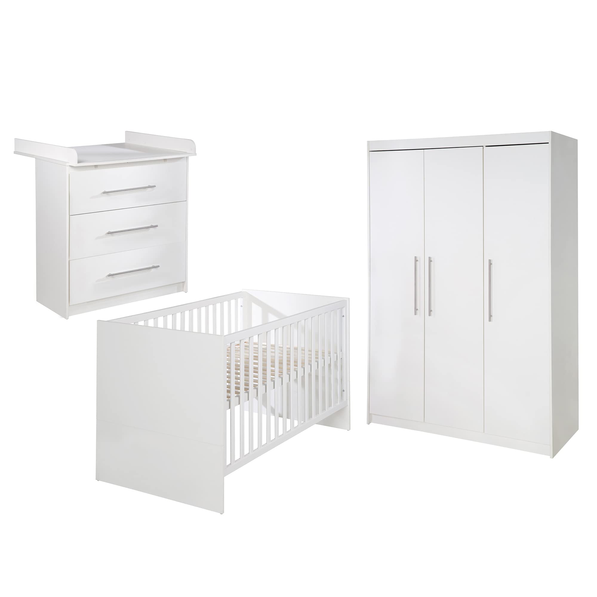 roba Juego completo de habitación infantil Maren, incluye cuna, superficie de 70 x 140 cm, cómoda cambiador estrecha con cambiador y armario de 3 puertas, color blanco